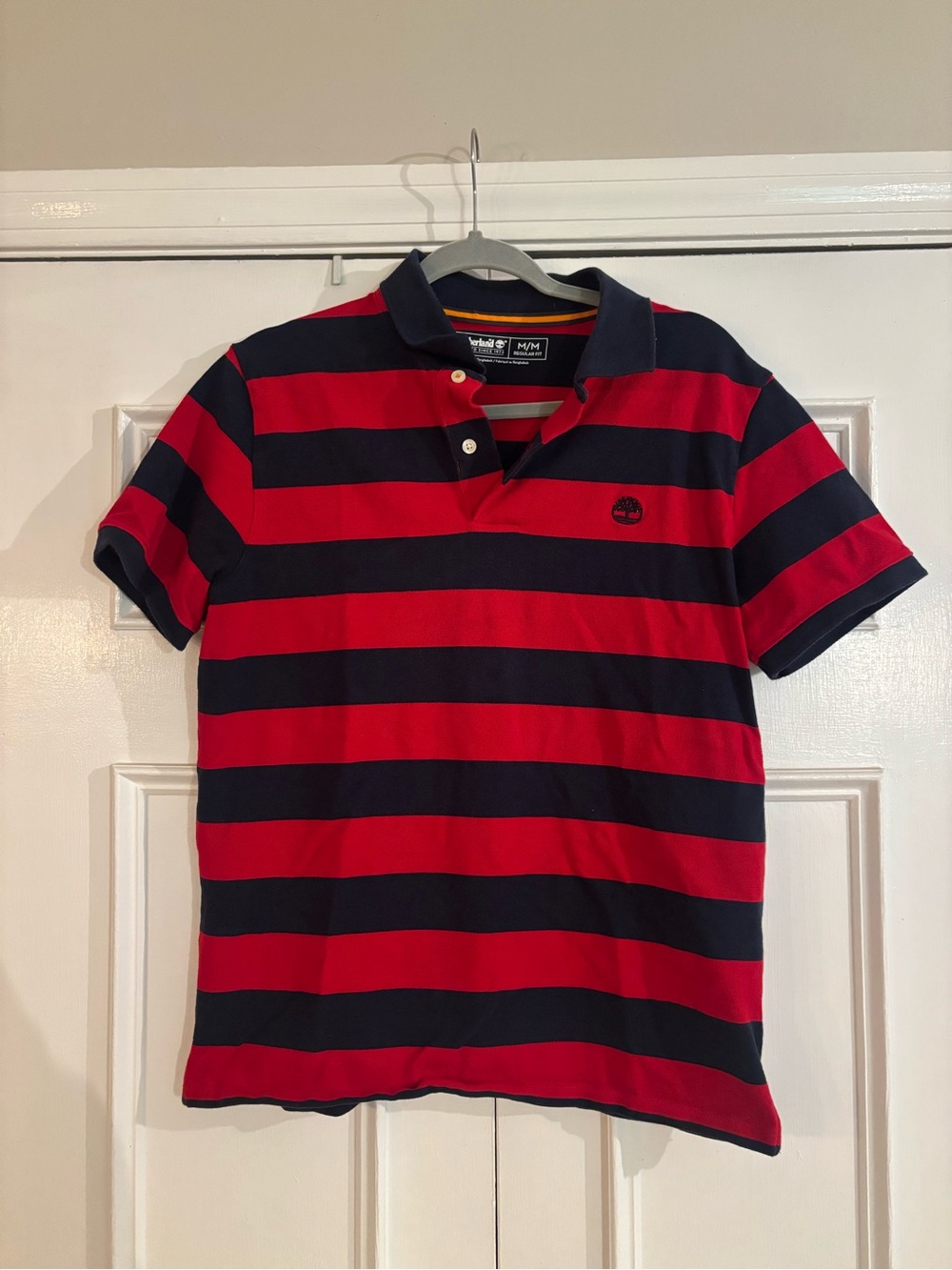 Timberland Men’s Red & Navy Blue Striped Short Sleeve Polo Size M